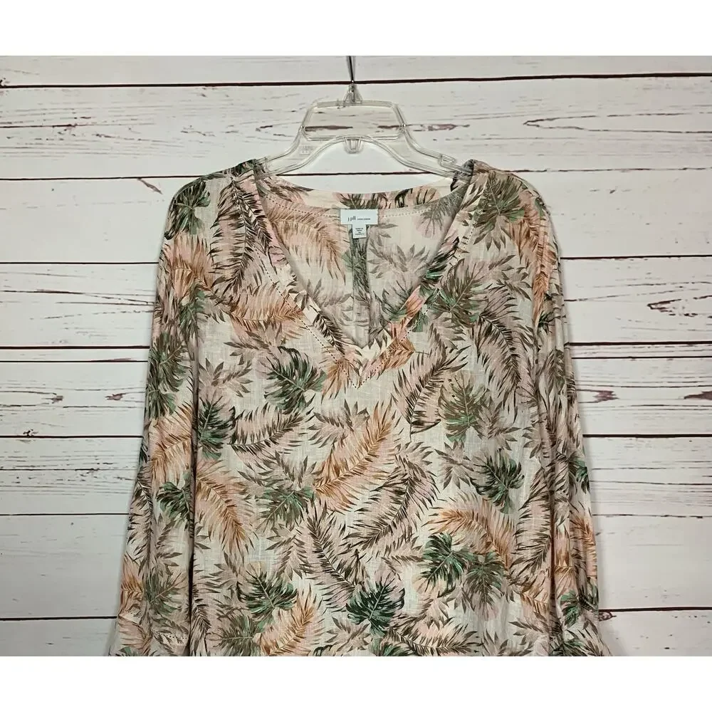 J.Jill Women's Plus Size 3X Pink Print 100% Linen Long Sleeve Summer Top Blouse